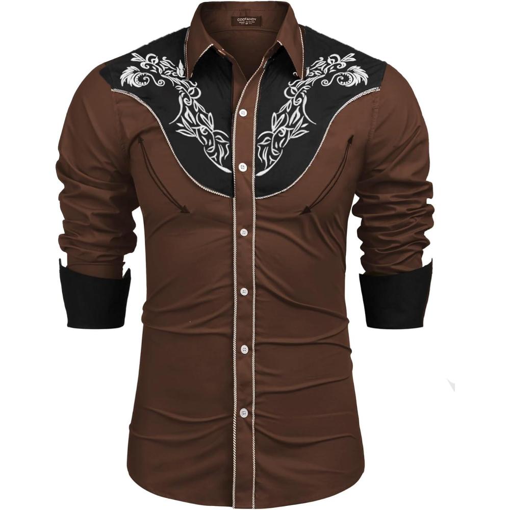 imageCOOFANDY Mens Western Cowboy Shirt Embroidered Button Down Long Sleeve ShirtsBrown
