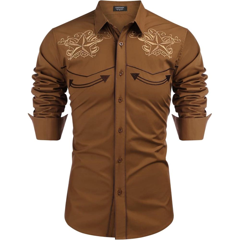 imageCOOFANDY Mens Western Cowboy Shirt Embroidered Button Down Long Sleeve ShirtsBrown Star