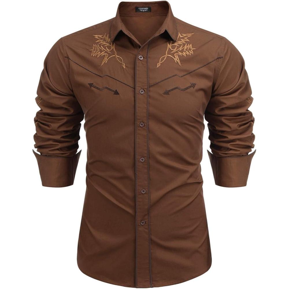 imageCOOFANDY Mens Western Cowboy Shirt Embroidered Button Down Long Sleeve ShirtsCoffee