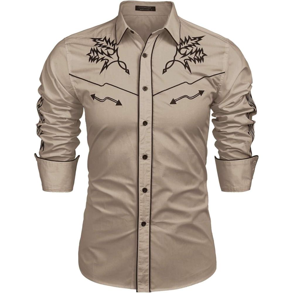 imageCOOFANDY Mens Western Cowboy Shirt Embroidered Button Down Long Sleeve ShirtsKhaki