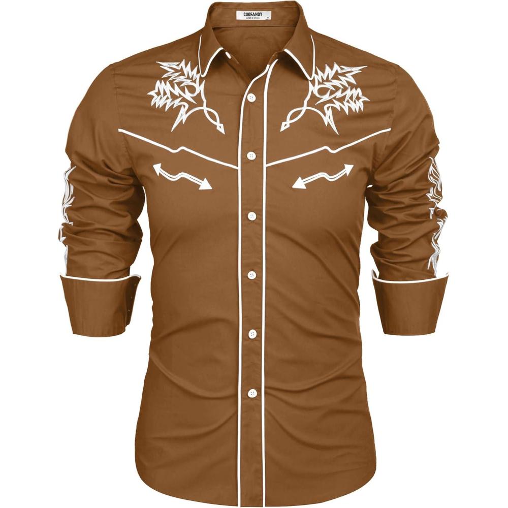 imageCOOFANDY Mens Western Cowboy Shirt Embroidered Button Down Long Sleeve ShirtsLight Brown