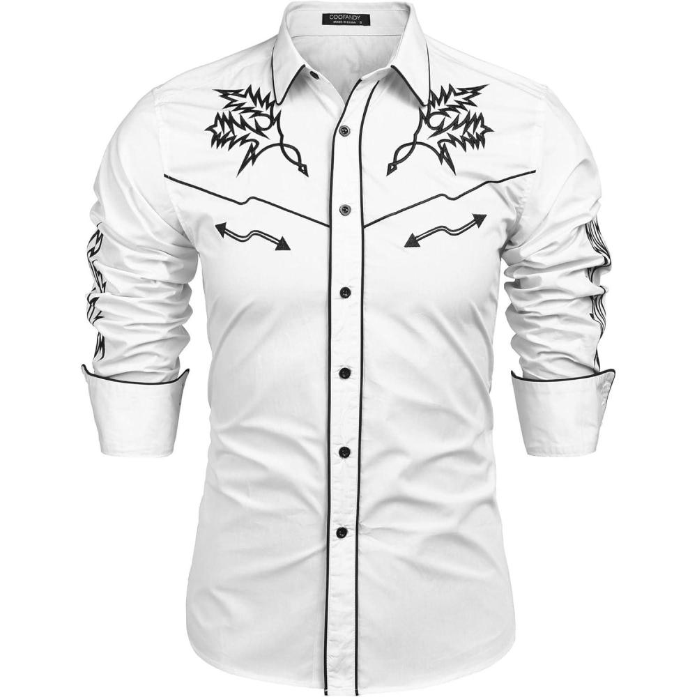imageCOOFANDY Mens Western Cowboy Shirt Embroidered Button Down Long Sleeve ShirtsWhite