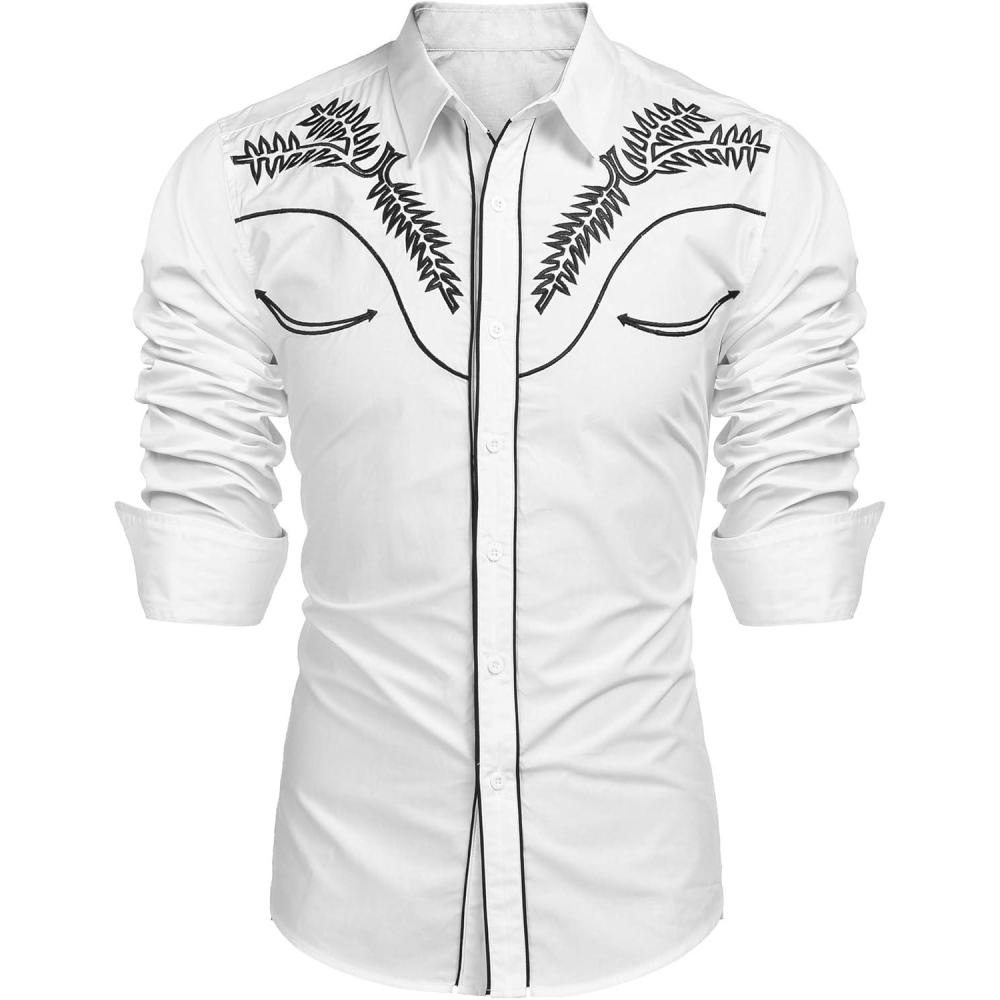 imageCOOFANDY Mens Western Cowboy Shirt Embroidered Button Down Long Sleeve ShirtsWhitepattern1