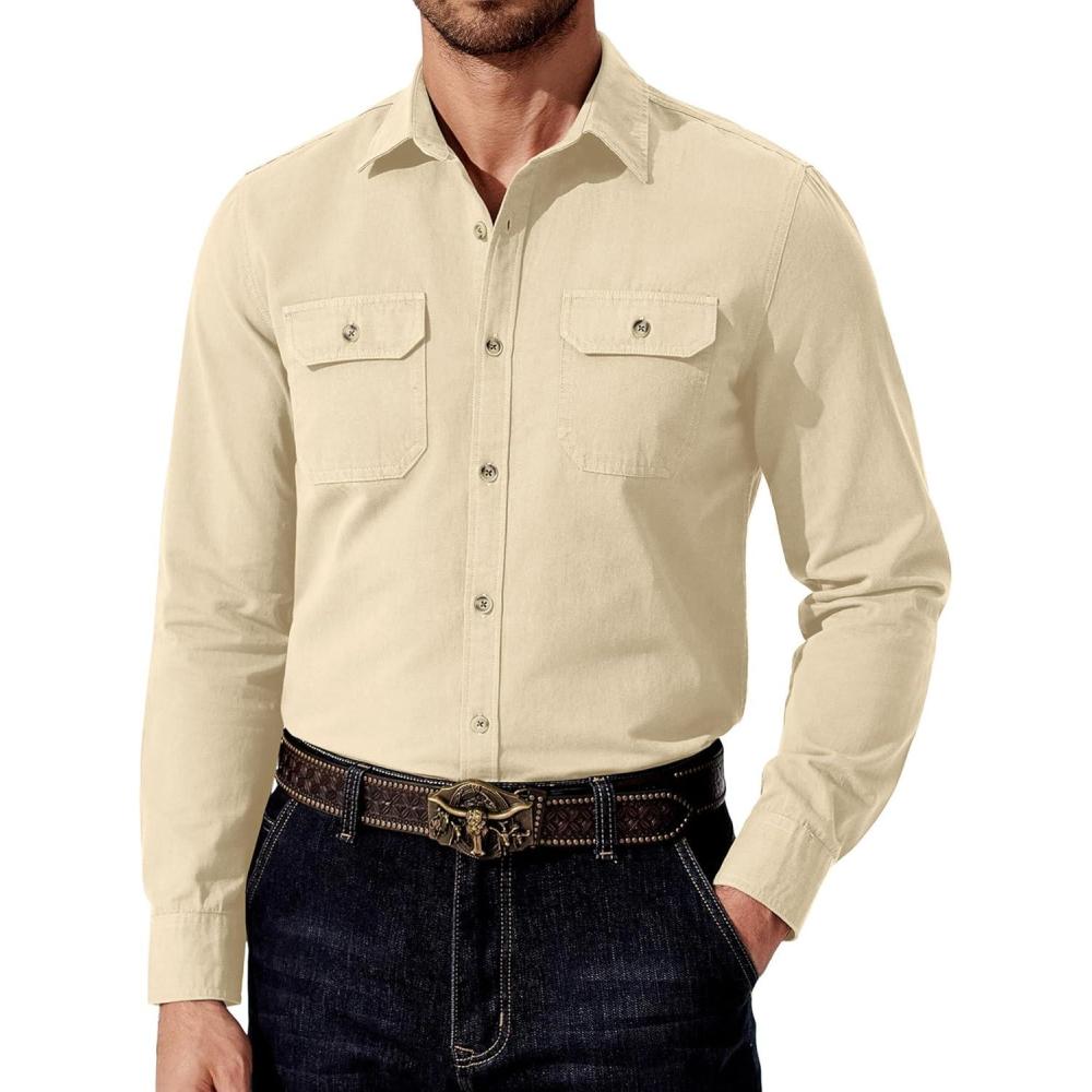 imageCOOFANDY Mens Western Cowboy Shirt Long Sleeve Cotton Button Down Work Shirts with PocketsBeige