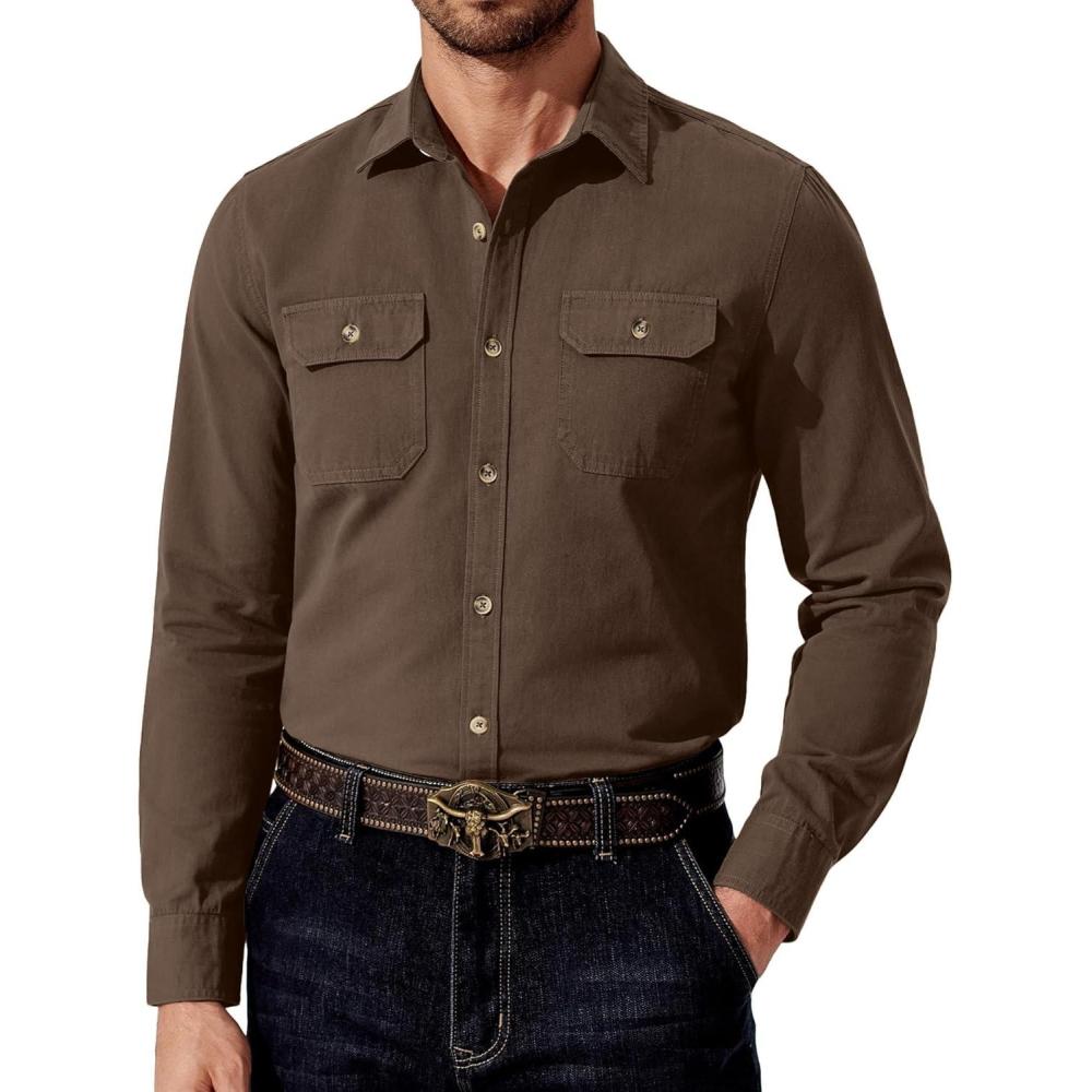 imageCOOFANDY Mens Western Cowboy Shirt Long Sleeve Cotton Button Down Work Shirts with PocketsBrown