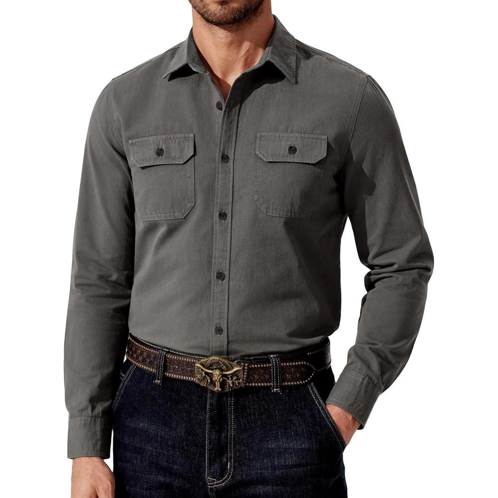 imageCOOFANDY Mens Western Cowboy Shirt Long Sleeve Cotton Button Down Work Shirts with PocketsDark Grey