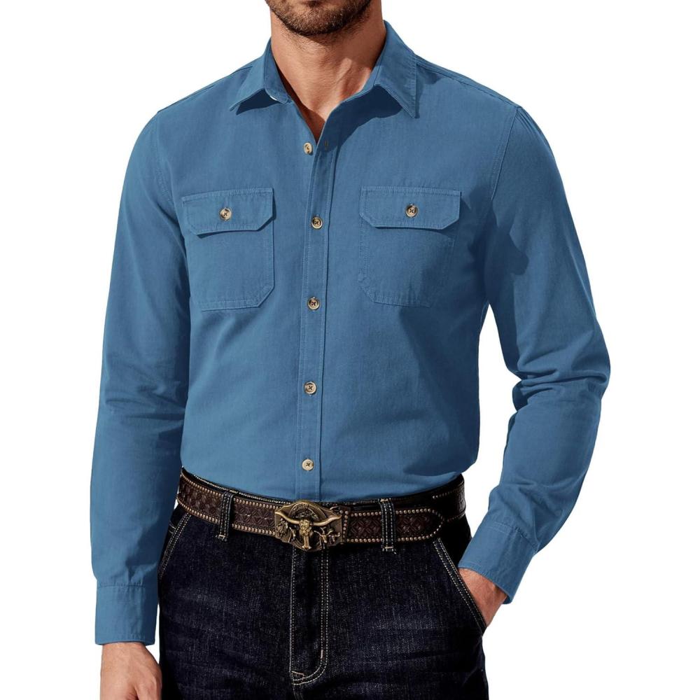 imageCOOFANDY Mens Western Cowboy Shirt Long Sleeve Cotton Button Down Work Shirts with PocketsGrey Blue