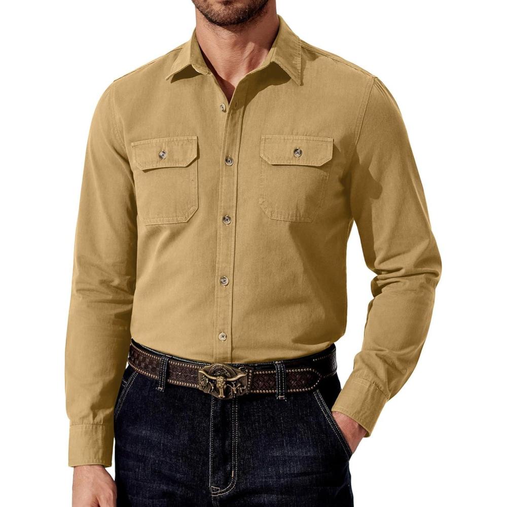 imageCOOFANDY Mens Western Cowboy Shirt Long Sleeve Cotton Button Down Work Shirts with PocketsKhaki