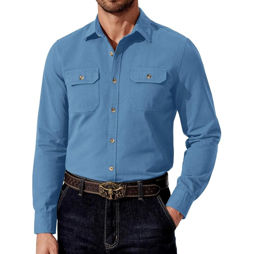 imageCOOFANDY Mens Western Cowboy Shirt Long Sleeve Cotton Button Down Work Shirts with PocketsLight Blue