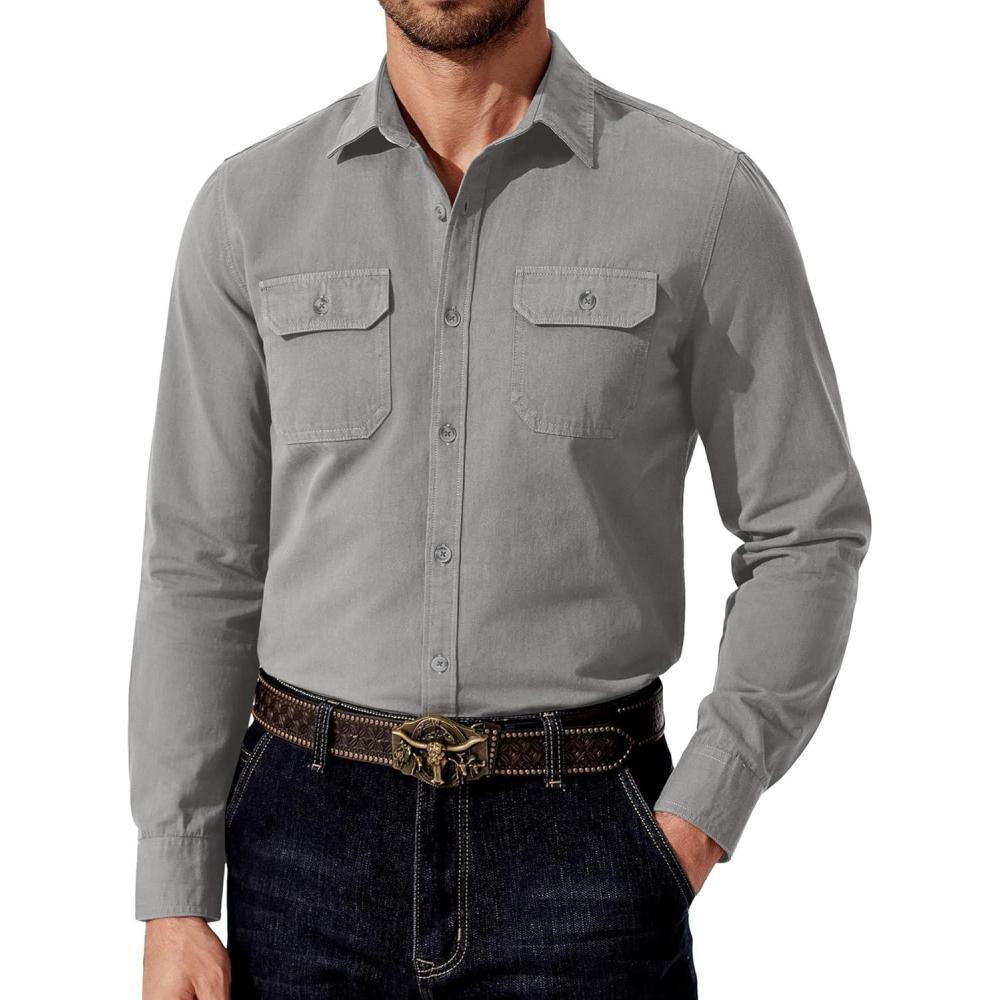 imageCOOFANDY Mens Western Cowboy Shirt Long Sleeve Cotton Button Down Work Shirts with PocketsLight Grey