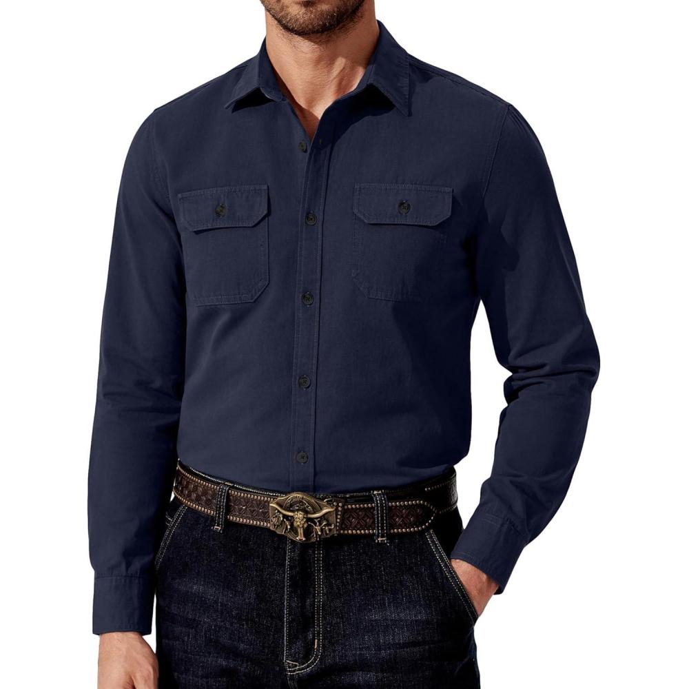 imageCOOFANDY Mens Western Cowboy Shirt Long Sleeve Cotton Button Down Work Shirts with PocketsNavy Blue