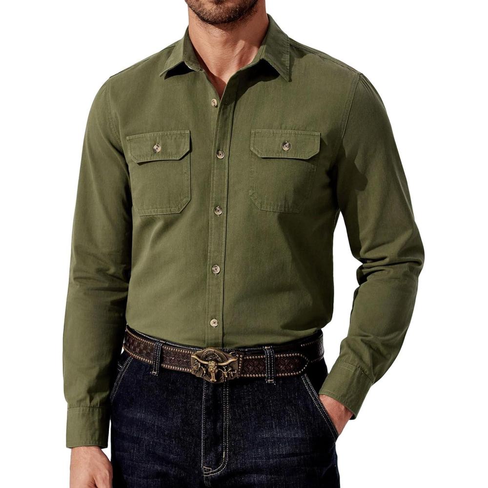 imageCOOFANDY Mens Western Cowboy Shirt Long Sleeve Cotton Button Down Work Shirts with PocketsOlive Green