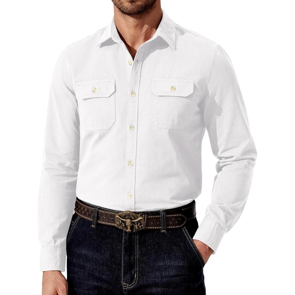 imageCOOFANDY Mens Western Cowboy Shirt Long Sleeve Cotton Button Down Work Shirts with PocketsWhite