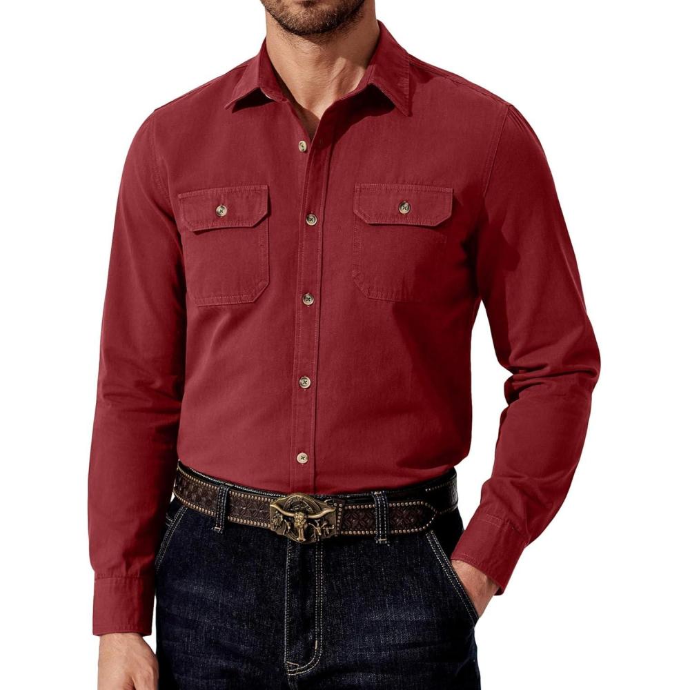 imageCOOFANDY Mens Western Cowboy Shirt Long Sleeve Cotton Button Down Work Shirts with PocketsWine Red