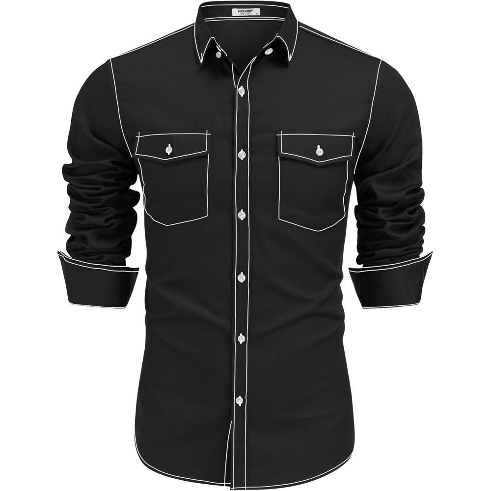 imageCOOFANDY Mens Western Cowboy Shirts Cotton Long Sleeve Shirts with Two Pockets EmbroideredAblack