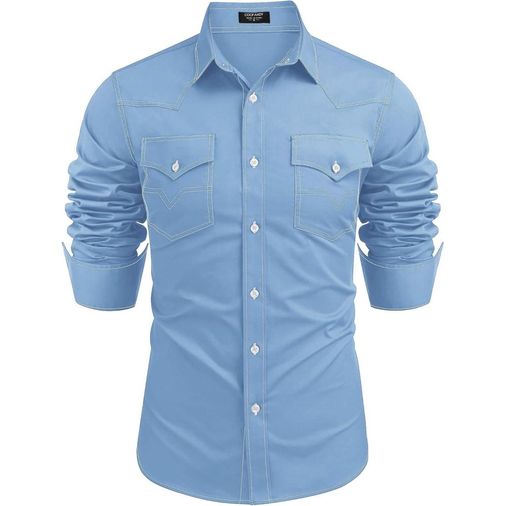 imageCOOFANDY Mens Western Cowboy Shirts Cotton Long Sleeve Shirts with Two Pockets EmbroideredLight Blue