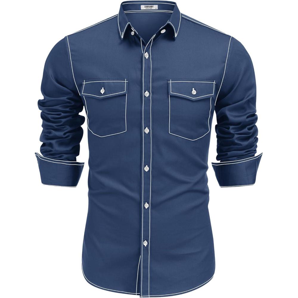 imageCOOFANDY Mens Western Cowboy Shirts Cotton Long Sleeve Shirts with Two Pockets EmbroideredNavy Blue