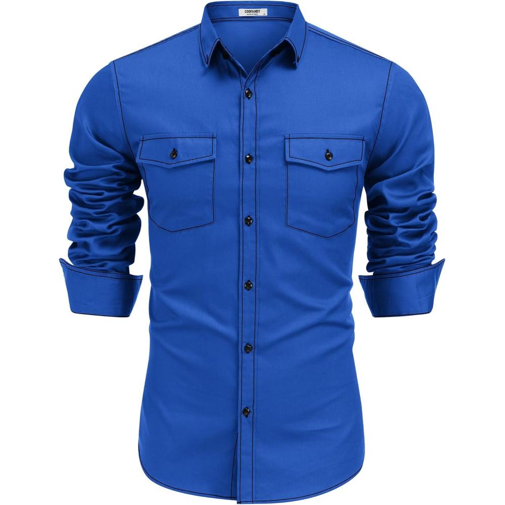 imageCOOFANDY Mens Western Cowboy Shirts Cotton Long Sleeve Shirts with Two Pockets EmbroideredRoyal Blue