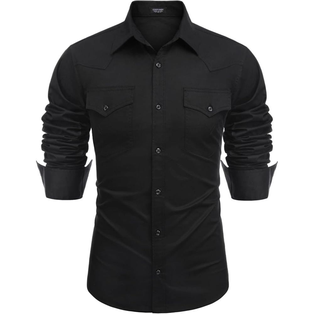 imageCOOFANDY Mens Western Cowboy Shirts Cotton Long Sleeve Shirts with Two Pockets EmbroideredSolid Black