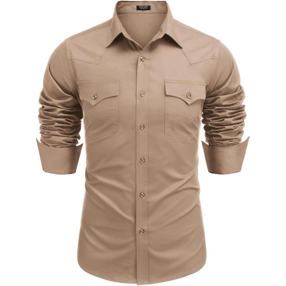 imageCOOFANDY Mens Western Cowboy Shirts Cotton Long Sleeve Shirts with Two Pockets EmbroideredSolid Dark Khaki