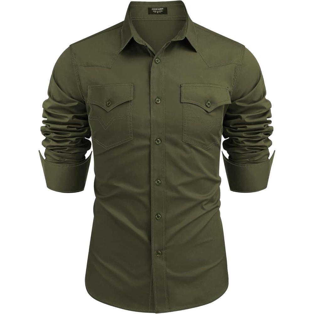 imageCOOFANDY Mens Western Cowboy Shirts Long Sleeve Cotton Casual Button Down Work Shirt with PocketsArmy Green