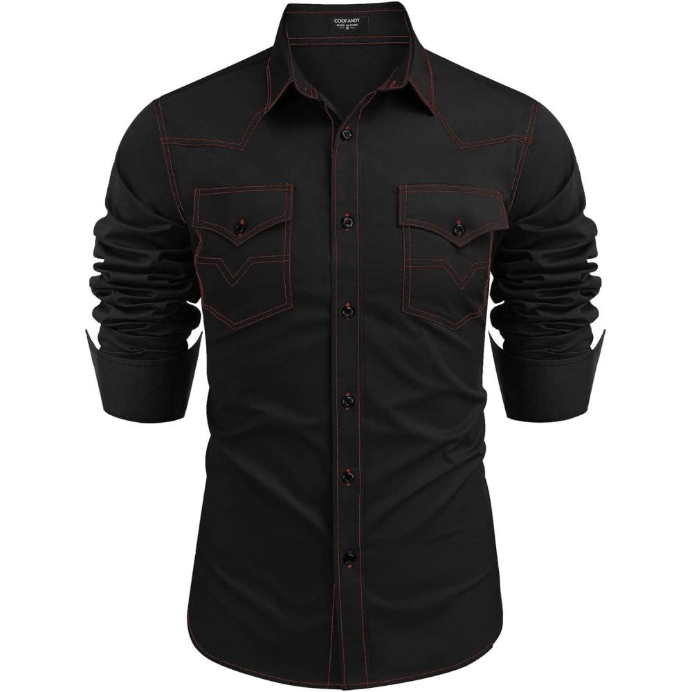 imageCOOFANDY Mens Western Cowboy Shirts Long Sleeve Cotton Casual Button Down Work Shirt with PocketsBlack  Red