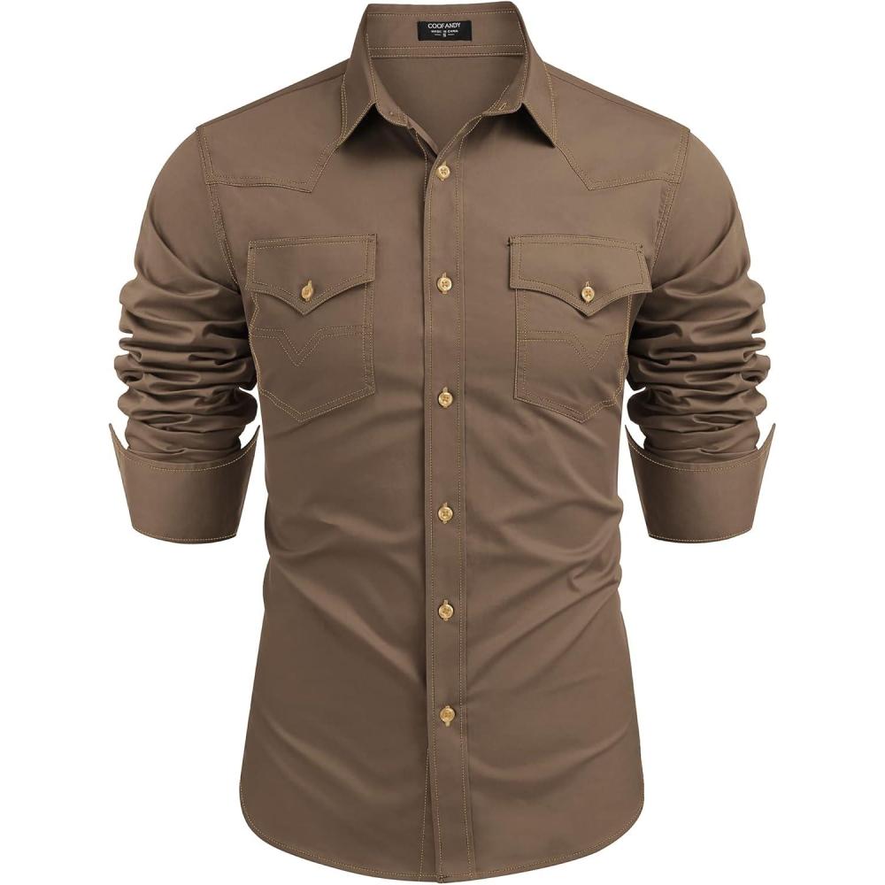 imageCOOFANDY Mens Western Cowboy Shirts Long Sleeve Cotton Casual Button Down Work Shirt with PocketsBrown