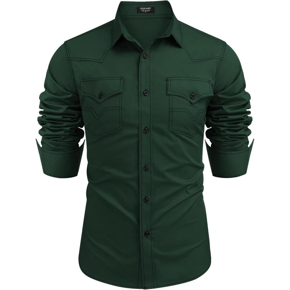 imageCOOFANDY Mens Western Cowboy Shirts Long Sleeve Cotton Casual Button Down Work Shirt with PocketsGreen