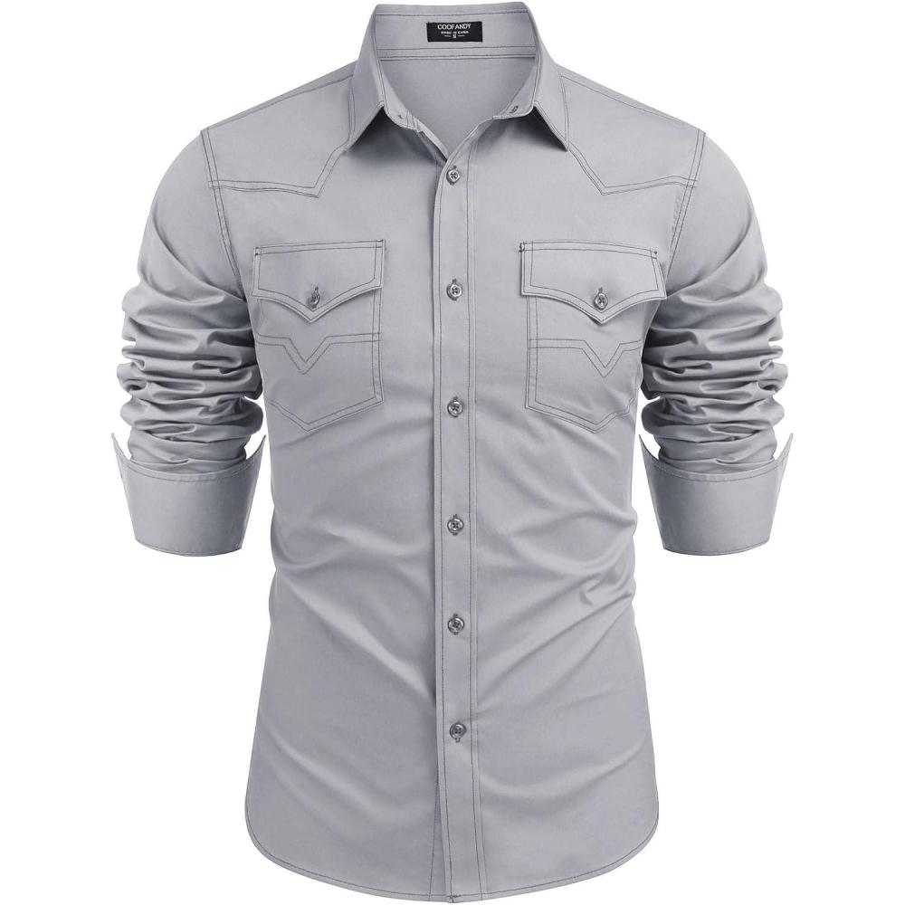 imageCOOFANDY Mens Western Cowboy Shirts Long Sleeve Cotton Casual Button Down Work Shirt with PocketsLight Grey