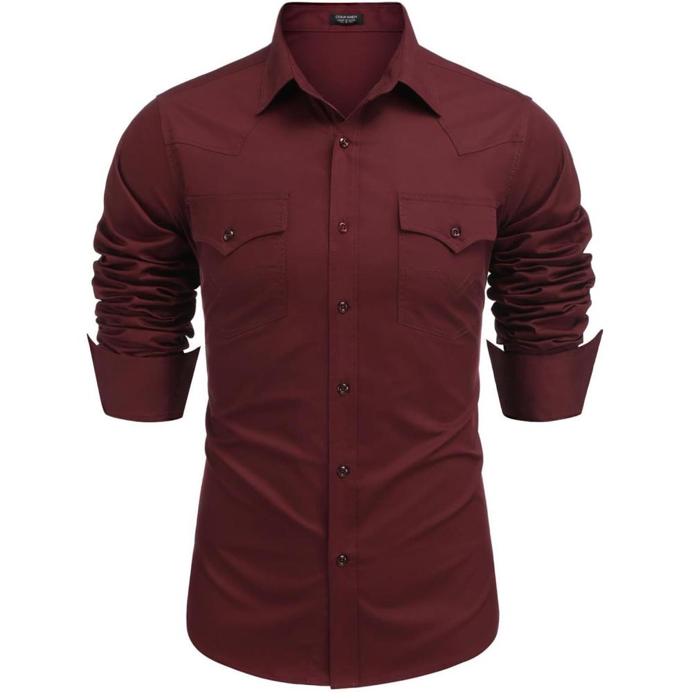 imageCOOFANDY Mens Western Cowboy Shirts Long Sleeve Cotton Casual Button Down Work Shirt with PocketsSolid Wine Red