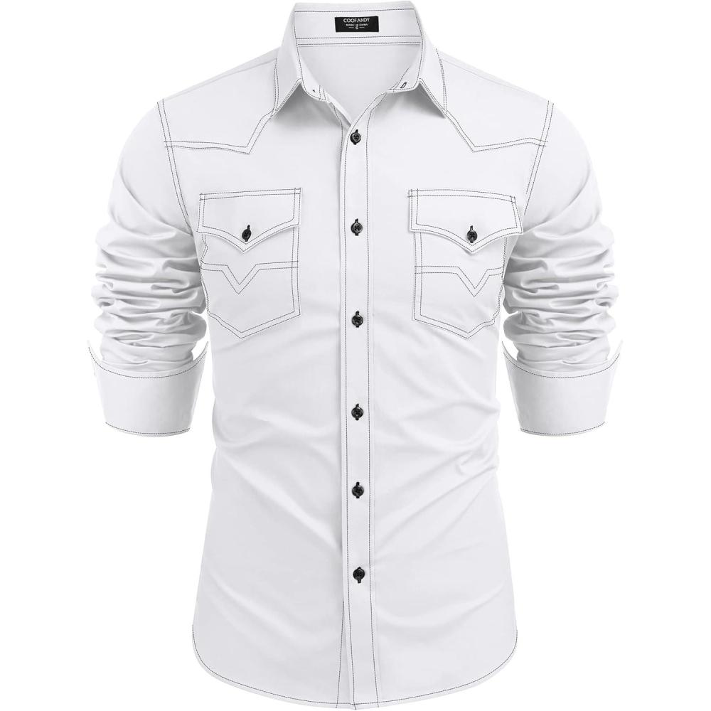 imageCOOFANDY Mens Western Cowboy Shirts Long Sleeve Cotton Casual Button Down Work Shirt with PocketsWhite