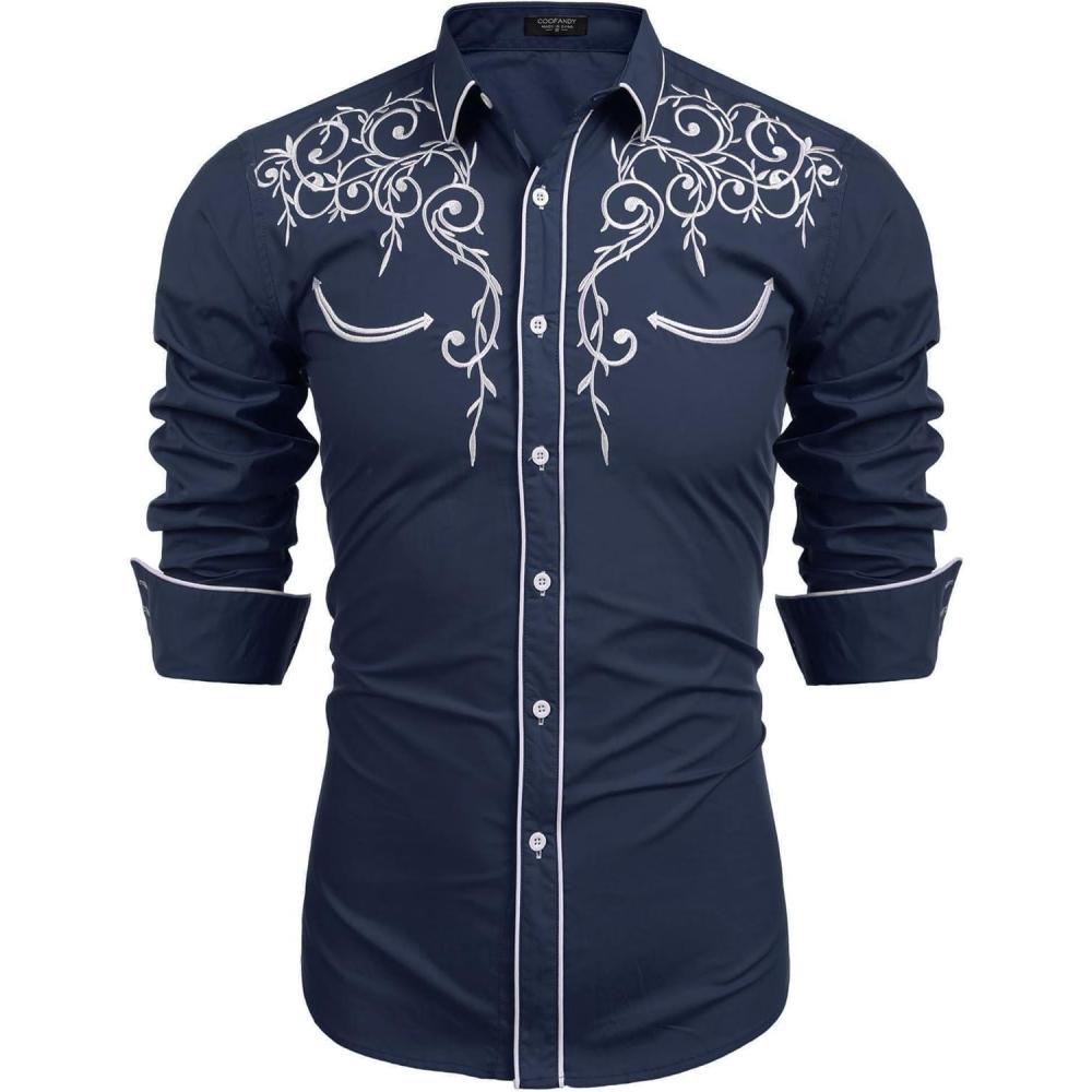 imageCOOFANDY Mens Western Cowboy Shirts Long Sleeve Embroidered Shirt Slim Fit Casual Button Down ShirtsBlue