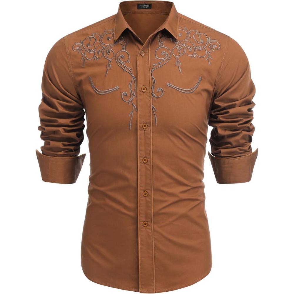 imageCOOFANDY Mens Western Cowboy Shirts Long Sleeve Embroidered Shirt Slim Fit Casual Button Down ShirtsBr2