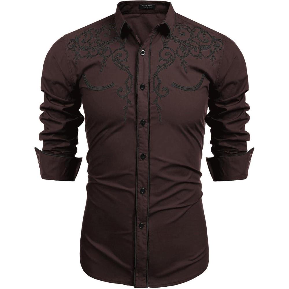 imageCOOFANDY Mens Western Cowboy Shirts Long Sleeve Embroidered Shirt Slim Fit Casual Button Down ShirtsBrown