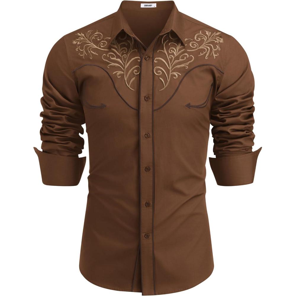 imageCOOFANDY Mens Western Cowboy Shirts Long Sleeve Embroidered Shirt Slim Fit Casual Button Down ShirtsBrown Pattern 4