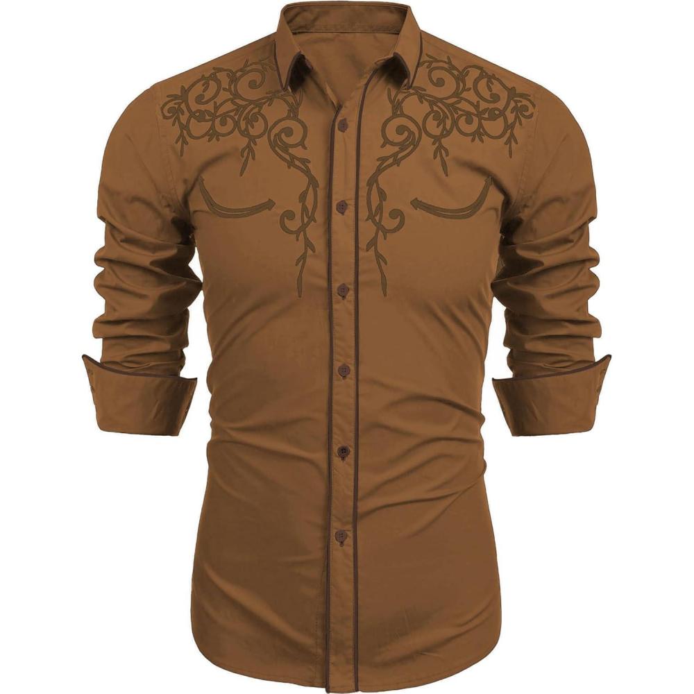imageCOOFANDY Mens Western Cowboy Shirts Long Sleeve Embroidered Shirt Slim Fit Casual Button Down ShirtsCoffee