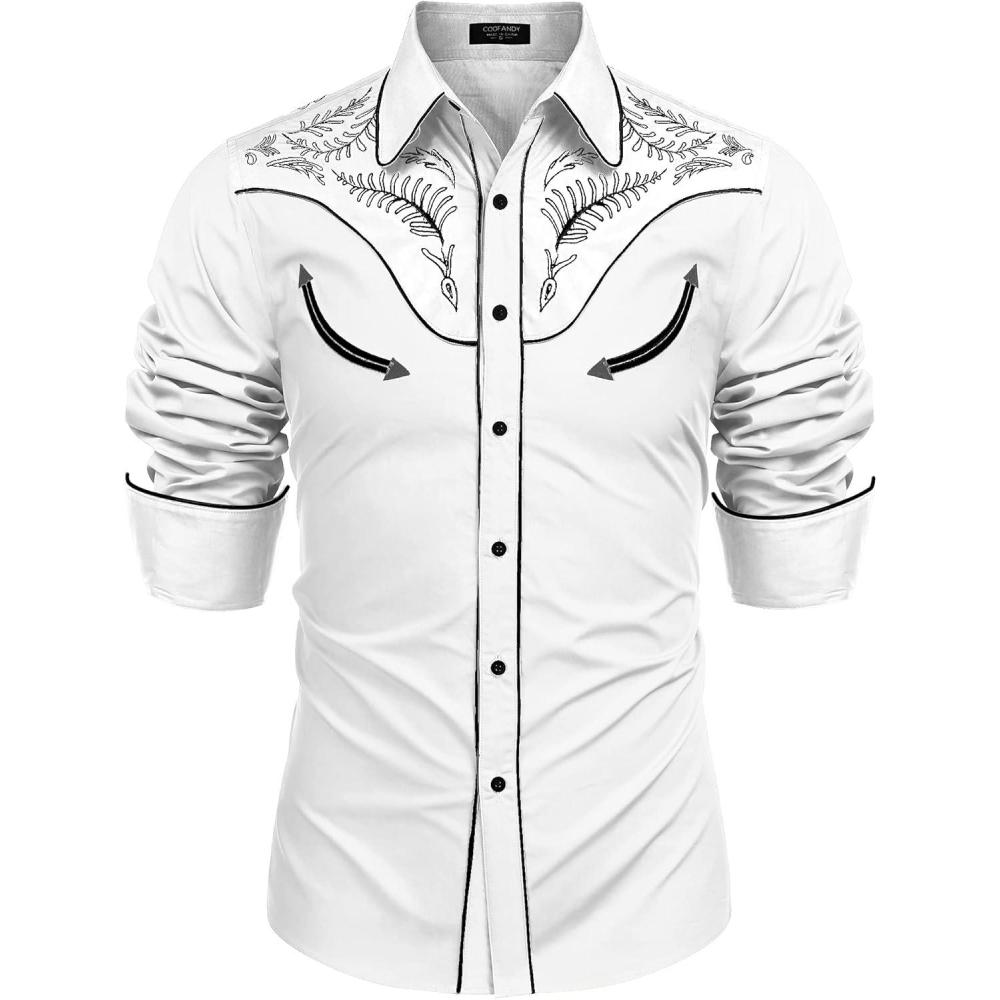 imageCOOFANDY Mens Western Cowboy Shirts Long Sleeve Embroidered Shirt Slim Fit Casual Button Down ShirtsCotton Pure White