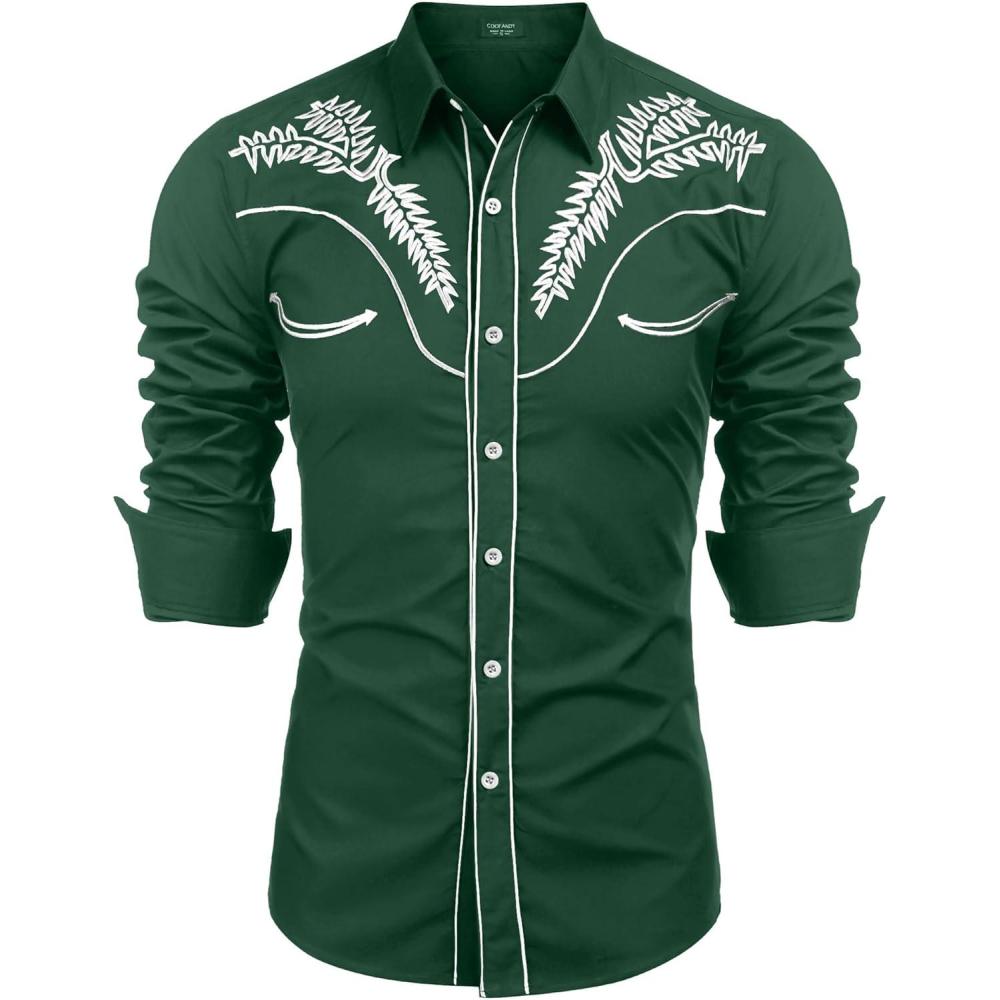 imageCOOFANDY Mens Western Cowboy Shirts Long Sleeve Embroidered Shirt Slim Fit Casual Button Down ShirtsForest Greenwhite