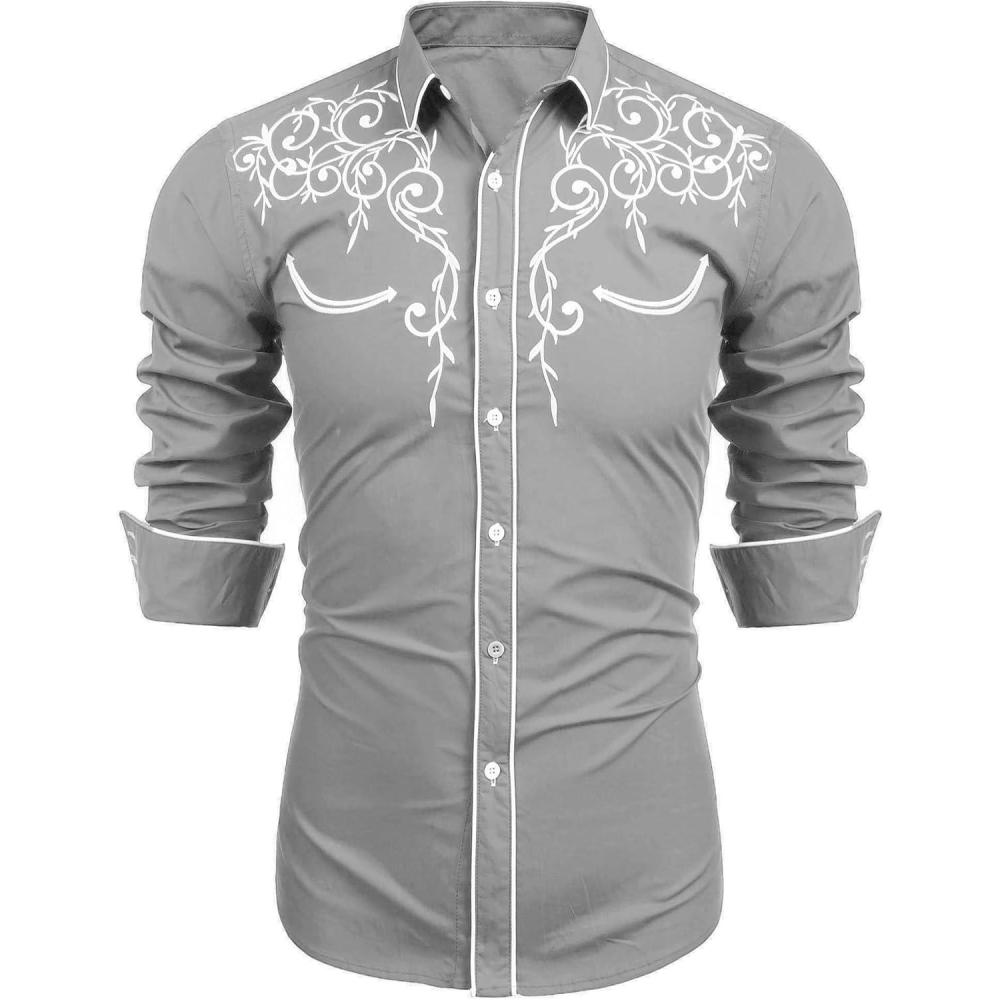 imageCOOFANDY Mens Western Cowboy Shirts Long Sleeve Embroidered Shirt Slim Fit Casual Button Down ShirtsGrey