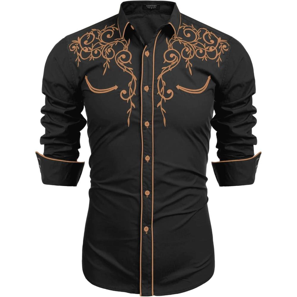 imageCOOFANDY Mens Western Cowboy Shirts Long Sleeve Embroidered Shirt Slim Fit Casual Button Down ShirtsPat1