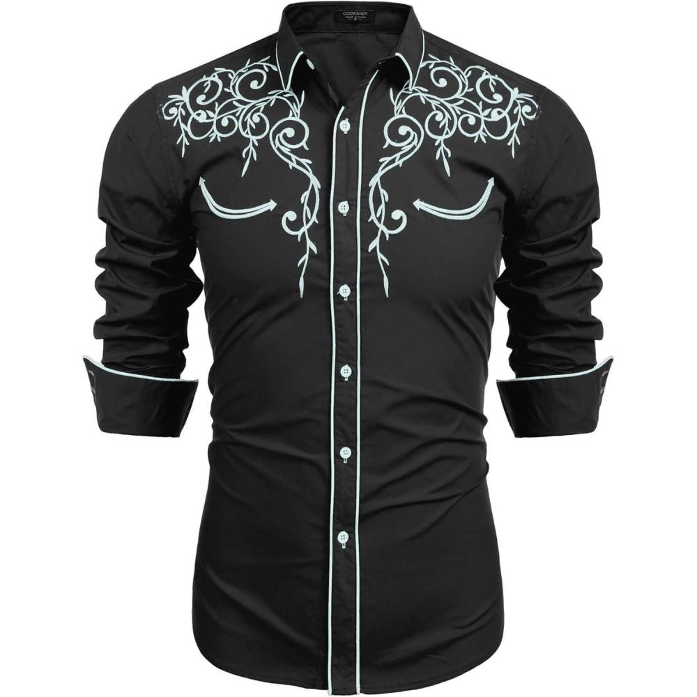 imageCOOFANDY Mens Western Cowboy Shirts Long Sleeve Embroidered Shirt Slim Fit Casual Button Down ShirtsPat2