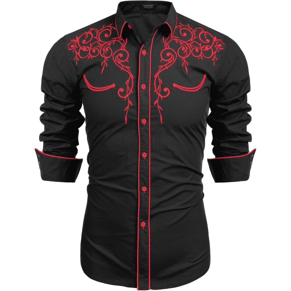 imageCOOFANDY Mens Western Cowboy Shirts Long Sleeve Embroidered Shirt Slim Fit Casual Button Down ShirtsRedblack