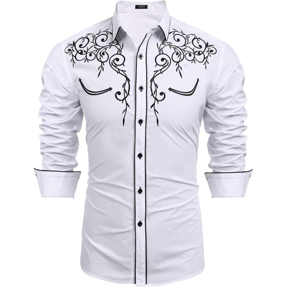 imageCOOFANDY Mens Western Cowboy Shirts Long Sleeve Embroidered Shirt Slim Fit Casual Button Down ShirtsWhite