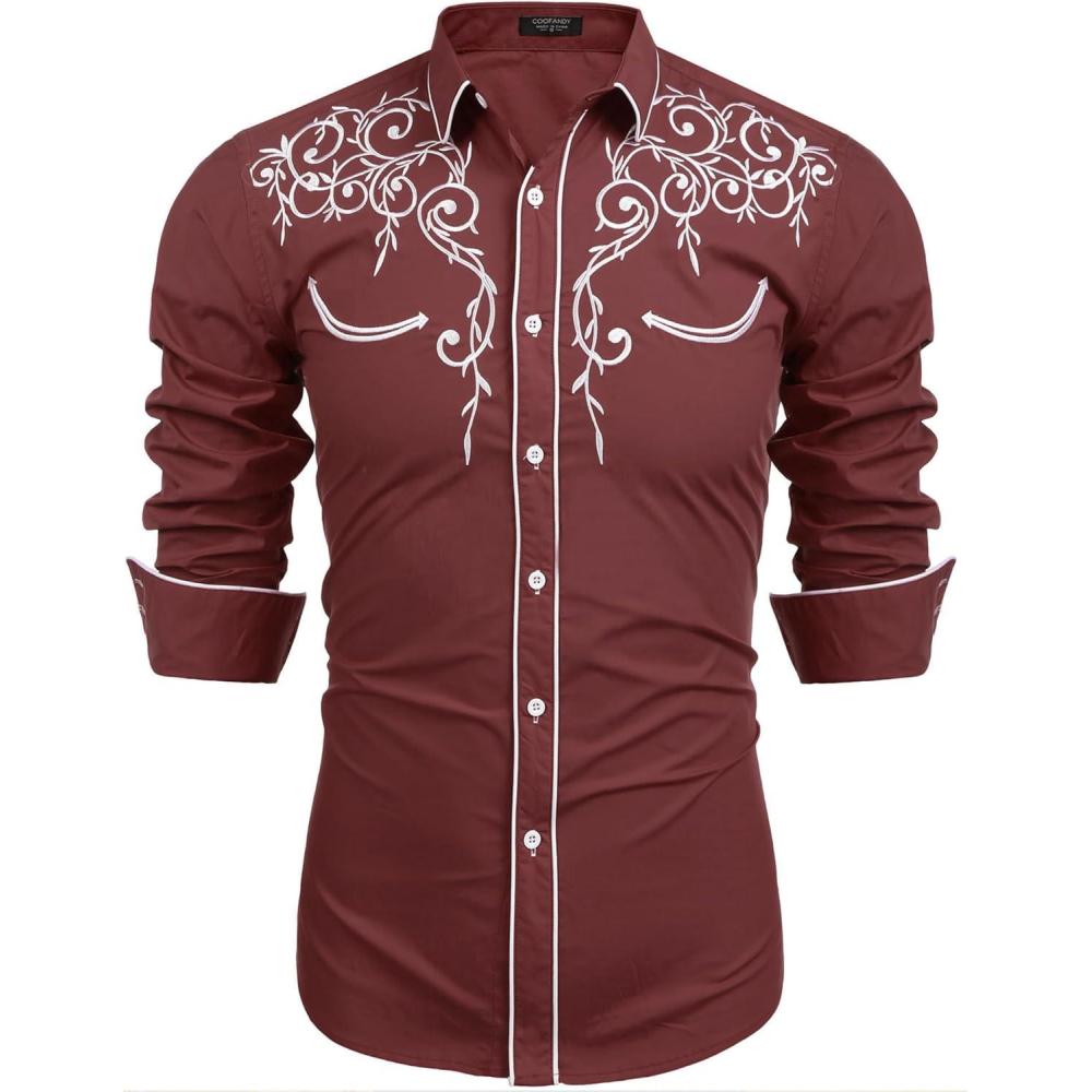 imageCOOFANDY Mens Western Cowboy Shirts Long Sleeve Embroidered Shirt Slim Fit Casual Button Down ShirtsWine Red