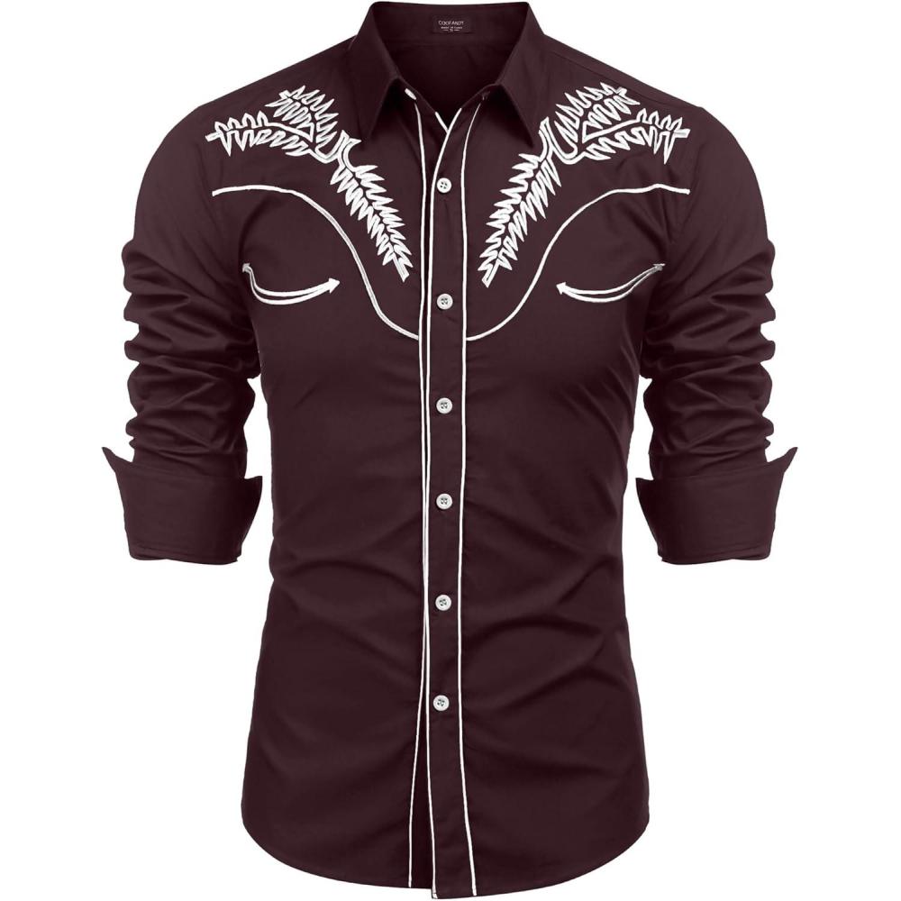 imageCOOFANDY Mens Western Cowboy Shirts Long Sleeve Embroidered Shirt Slim Fit Casual Button Down ShirtsWine Redwhite
