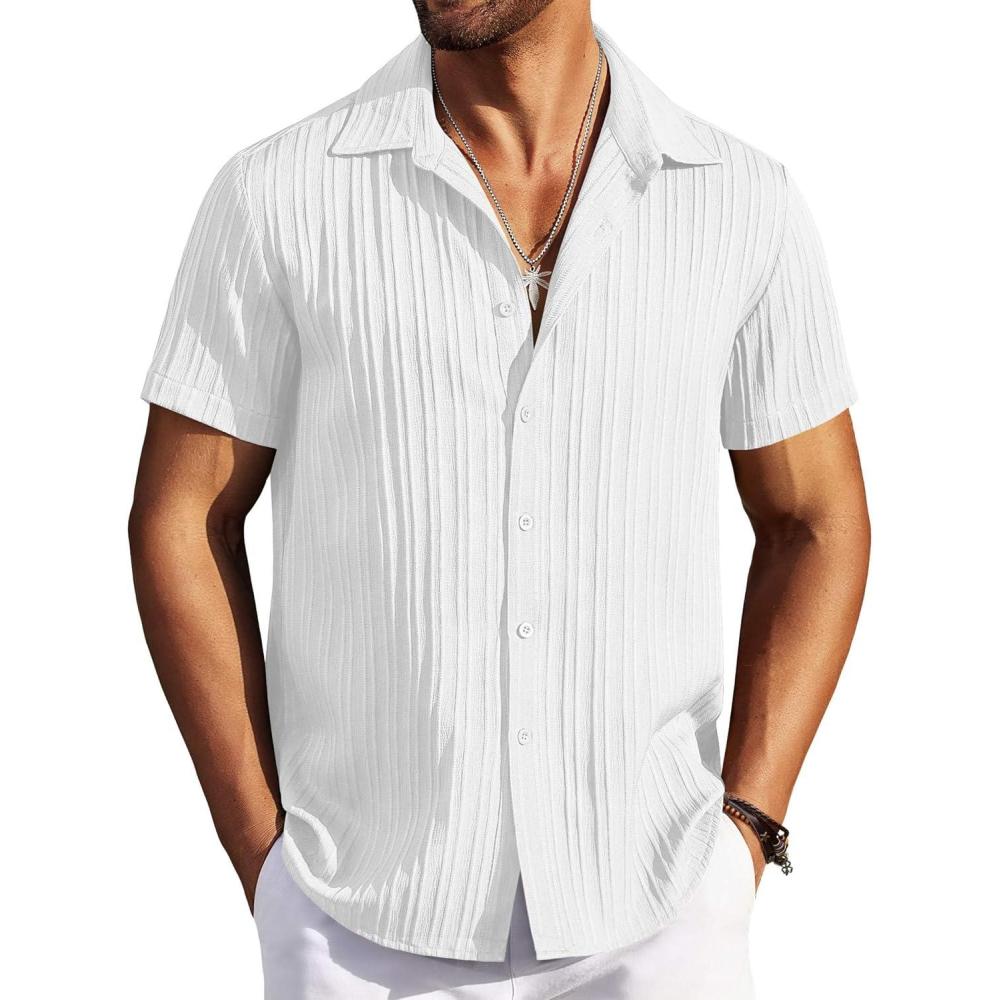 imageCOOFANDY Mens White Casual Summer Shirts Short Sleeve Textured Button Up Beach Hawaiian Shirt