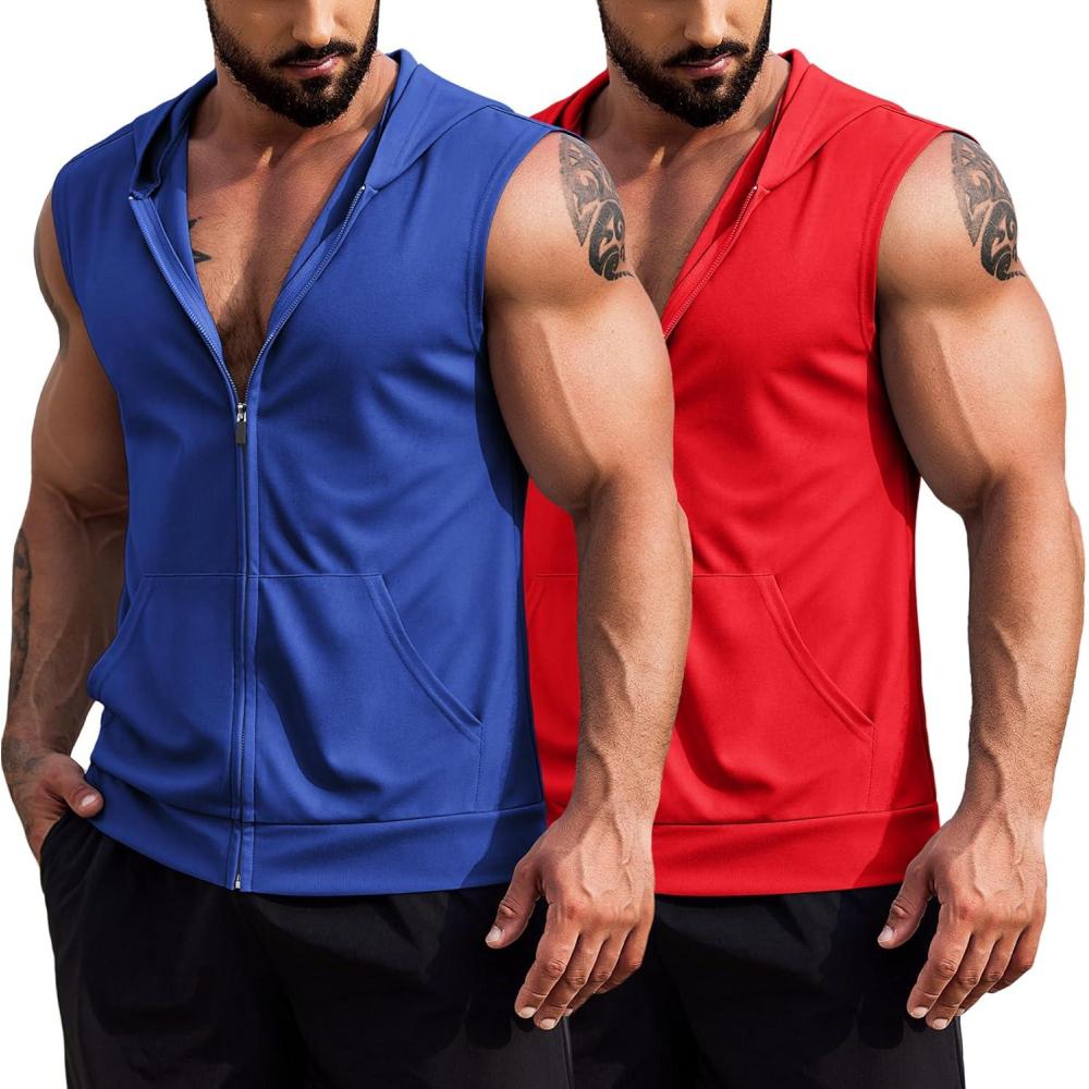 imageCOOFANDY Mens Workout Hooded Tank Tops 2 Pack Zip Up Sleeveless Gym Shirts Muscle Cut Off T Shirt Bodybuilding HoodiesBlueRed2pcs
