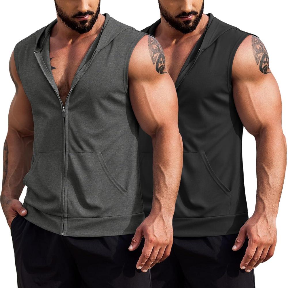 imageCOOFANDY Mens Workout Hooded Tank Tops 2 Pack Zip Up Sleeveless Gym Shirts Muscle Cut Off T Shirt Bodybuilding HoodiesDark GreyBlack2pcs