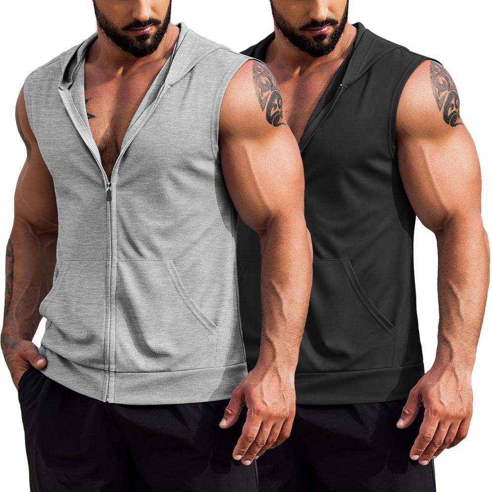 imageCOOFANDY Mens Workout Hooded Tank Tops 2 Pack Zip Up Sleeveless Gym Shirts Muscle Cut Off T Shirt Bodybuilding HoodiesLight GreyBlack2pcs
