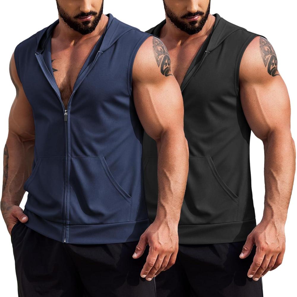 imageCOOFANDY Mens Workout Hooded Tank Tops 2 Pack Zip Up Sleeveless Gym Shirts Muscle Cut Off T Shirt Bodybuilding HoodiesNavyBlack2pcs
